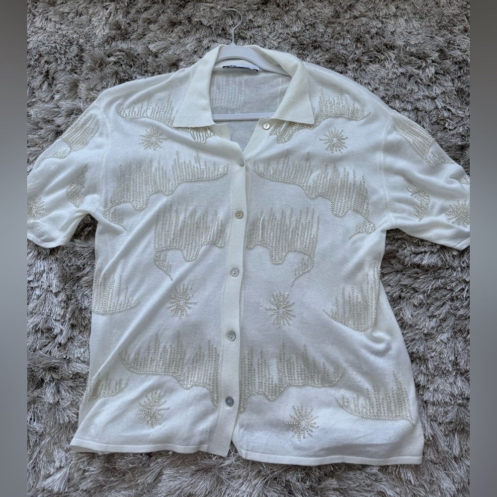 Zara Ivory Button-Down Shirt with Beige Design